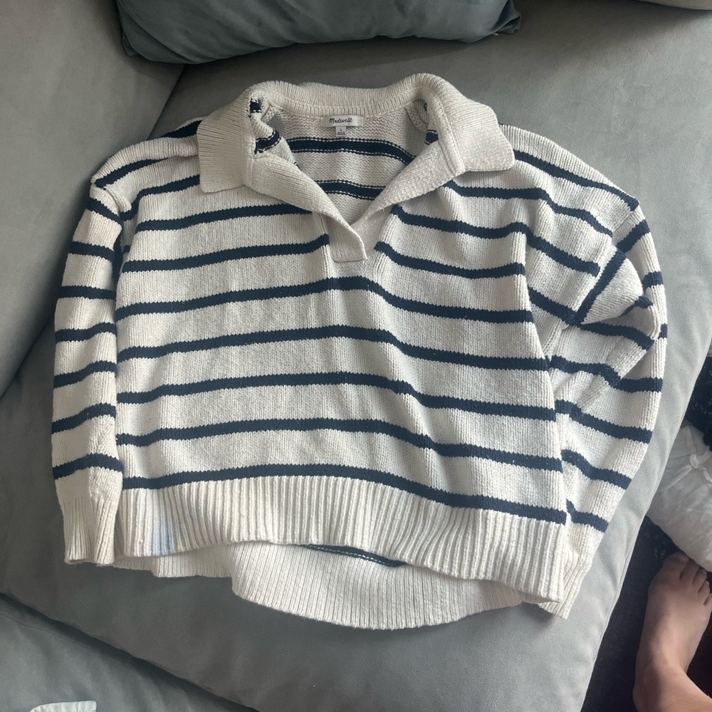 Madewell Striped Collared Sweater - White and Navy